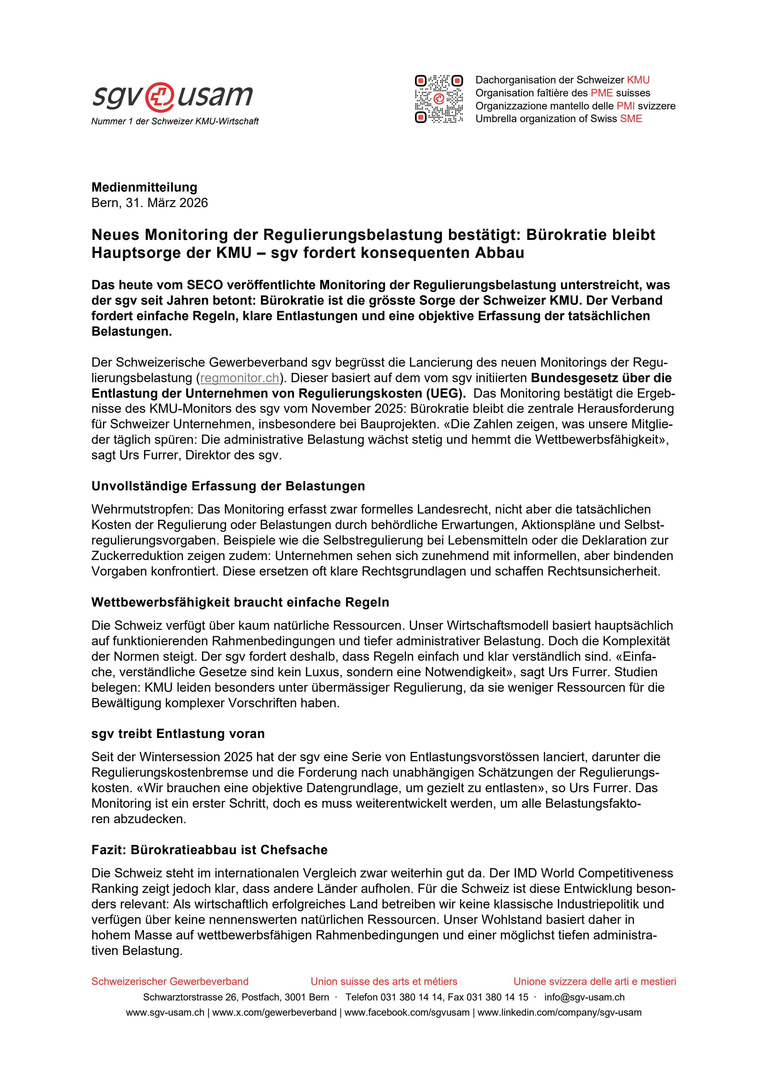 Neues Monitoring der Regulierungsbelastung bestätigt: Bürokratie bleibt Hauptsorge der KMU – sgv fordert konsequenten Abbau